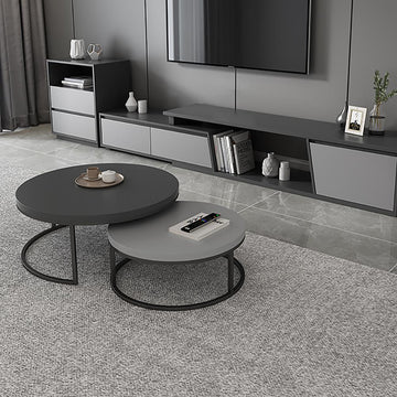 2 Pieces Modern Wood Gray & Black Round Nesting Coffee Table for Living Room